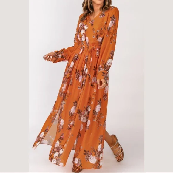 Orange Floral, V-Neck Maxi Dress - Picture 4 of 14